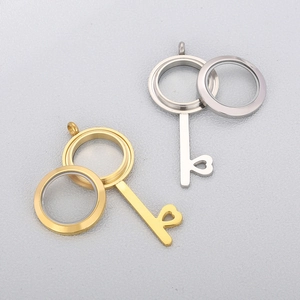 Stainless Steel Glass Locket Pendant Key Shape Heart Hollow Openable Floating Charm Photo Frame For DIY Jewelry Making
