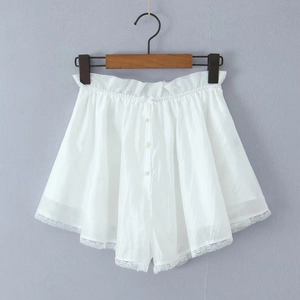 Detail of white high-waisted shorts featuring delicate lace trim and decorative buttons