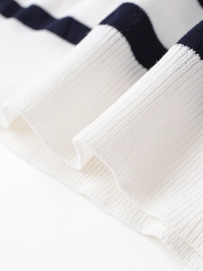 Macro shot of vertical ribbed knit texture with navy and white nautical stripes