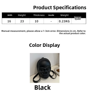 Detailed size specifications for the 3D skull shaped crossbody bag with chain strap