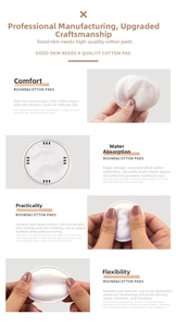 Macro detail of round white cotton pads with stitched edges for skincare and makeup removal
