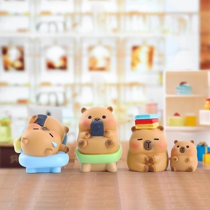 Adorable Capybara blind box figurines set featuring four creative sleepy cartoon poses