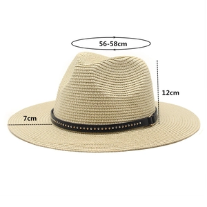Detail view of beige straw Fedora hat with dimensions 56-58cm head girth and 7cm wide brim
