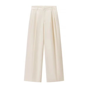 Pantaloni Larghi A Vita Alta Da Donna Eleganti Plissettati In Poliestere Stile Ufficio Bianco Crema