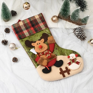 Plaid Christmas stocking with 3D reindeer and snowman on festive background