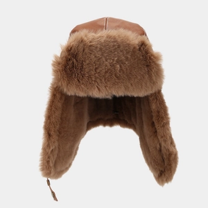 Winter faux leather trapper hat with warm brown plush lining and adjustable ear flaps