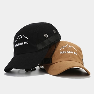Outdoor mountain embroidery baseball cap with windproof rope in black and khaki