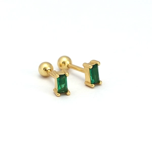 Gold stud earrings with rectangular green zircon and secure spherical screw back