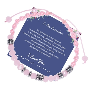 Pink Morse code bracelet for grandma with I Love You message on a blue gift card