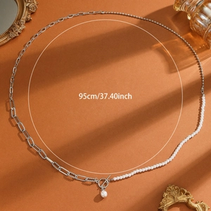 Vintage style multi-strand pearl and silver chain necklace with OT toggle clasp, 95cm length