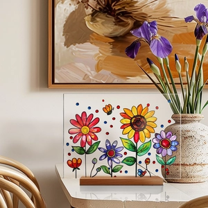 Detailed acrylic decorative plaque with colorful floral pattern and solid wooden base