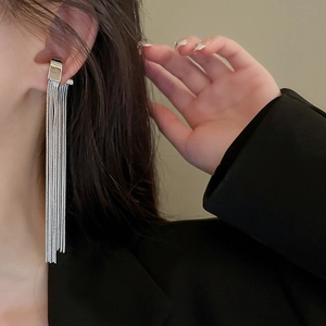 Detail shot of long silver metallic fringe earrings showing waterfall tassels on ear