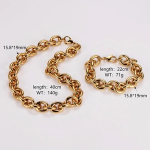 Golden stainless steel chain necklace and bracelet set with detailed size dimensions