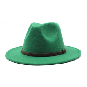 Detailed close-up of grass green wool fedora hat with a brown braided decorative band