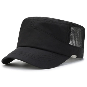 Men's black flat top army cap with breathable mesh side panels and sport metal logo