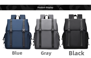 Detailed view of casual business backpacks in blue, gray and black with metal buckles