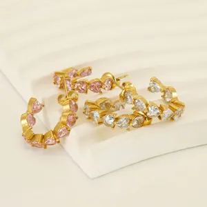Heart Cubic Zirconia C Hoop Earrings 18K Gold Plated Stainless Steel Elegant Romantic Jewelry For Women
