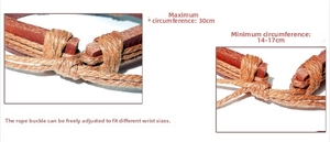 Detail view of the adjustable sliding cord mechanism on brown leather woven bracelet