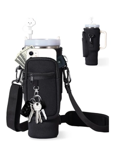 Detail of black 40oz tumbler carrier with phone pocket, adjustable strap and key hook