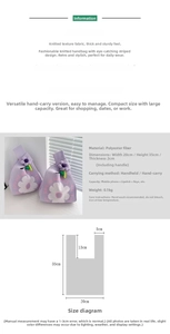 Detailed size chart showing dimensions of the floral knitted gift bag with handle height