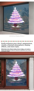 Detailed view of pink Christmas tree window sticker with Merry Christmas greeting text