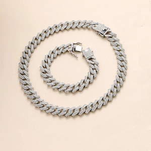 Detailed view of silver diamond rhombic Cuban link necklace and bracelet hip hop jewelry set