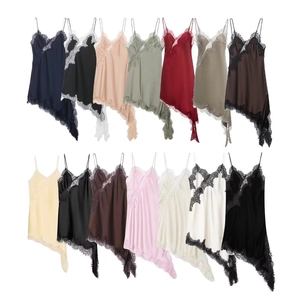 Lace Trim Satin Cami Dress Asymmetric Hem Spaghetti Strap V Neck Satin Like Sexy Slip Nightgown Women Casual Summer Fashion