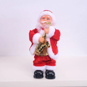 Detail of animated Santa Claus playing a golden saxophone for festive Christmas decoration