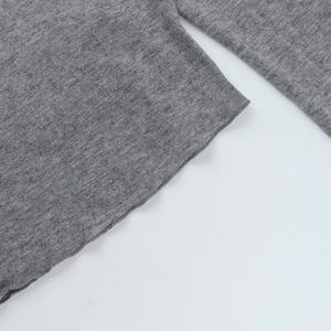 Close-up of the fine knitted texture and ribbed cuff detail on a grey casual t-shirt
