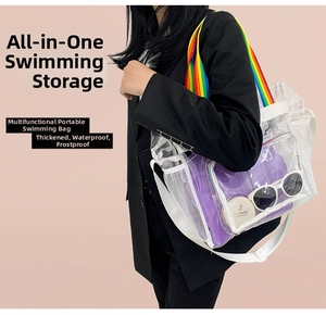 Close-up of waterproof PVC tote bag with rainbow straps and purple interior zipper pocket