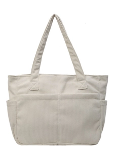 Grand sac fourre-tout minimaliste en velours côtelé crème avec plusieurs poches