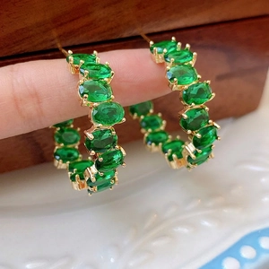 Orecchini A Cerchio Con Zirconia Verde Smeraldo Taglio Ovale Vintage Rame Placcato Oro Lusso Perno Per Orecchini In Argento Per Donna