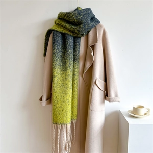 Thick long scarf with yellow-green gradient and soft fringes for autumn and winter