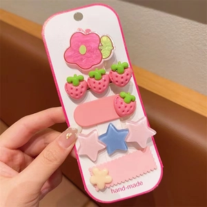 Kids hair clips set with acrylic strawberry and flower patterns on display card
