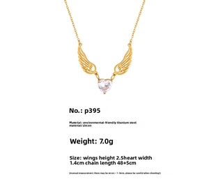 Detailed size specifications for gold angel wing heart pendant necklace in titanium steel