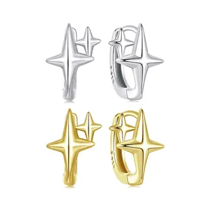 Star Hoop Earrings 925 Sterling Silver Double Four Pointed Starburst Huggies Polished Minimalist Jewelry For Women