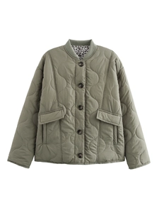 Detail of olive green quilted jacket with ribbed collar, leopard lining and snap buttons