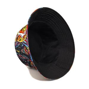 Detail of colorful mushroom pattern print and plain black lining on bucket hat