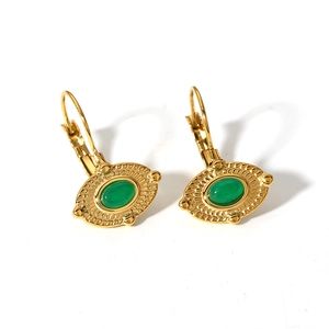 Retro stainless steel leverback earrings with turquoise stone and 18K gold plating