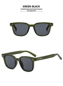 Detail view of translucent dark green square sunglasses with dual metal rivets and grey lenses
