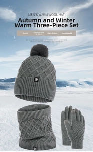Detail view of grey knitted hat scarf and gloves set with plush lining and fleece interior
