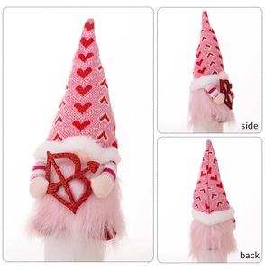 Detailed views of Valentine's Day gnome featuring knitted heart hat and side-back perspectives