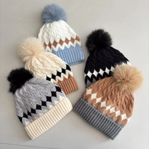 Winter knit hats for kids aged 2-5 with diamond pattern, fleece lining and fluffy pom poms