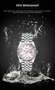 Detail of waterproof watch featuring pink sunray dial with crystals and water splash effect