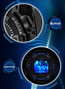Detail of waterproof sports watch showing luminous display and non-slip physical buttons