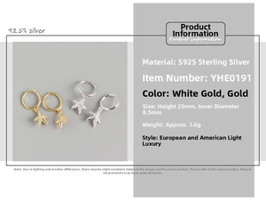 Detailed view of S925 sterling silver starfish hoop earrings with zircon dimensions