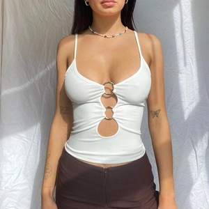Women's summer white slim fit crop top with metal ring cutout detail and ribbed fabric