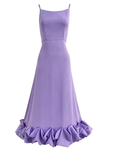 Detailed view of lavender purple evening dress featuring layered 3D ruffle hem design
