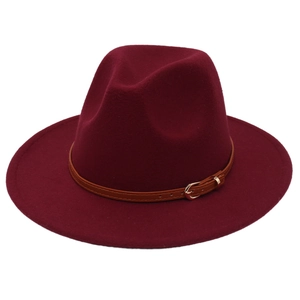 Detailed view of the dark red wool felt fedora featuring a brown leather decorative band