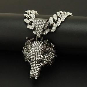 Collier pendentif tête de loup serti de strass et chaîne cubaine pour homme hip hop